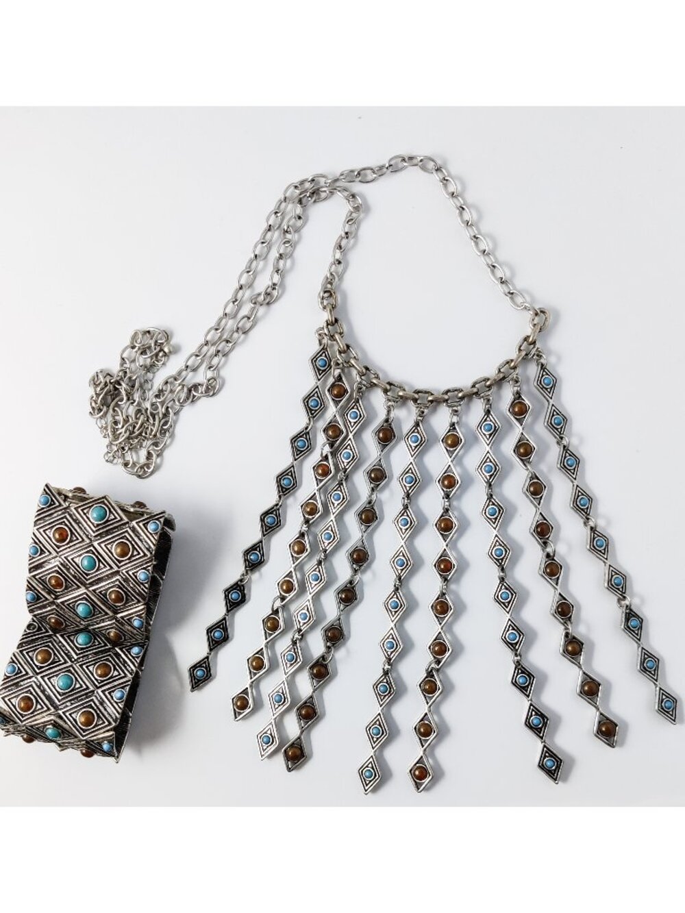 Arizona Faux Turquoise Silver Tone Long Unusual Necklace & Bracelet